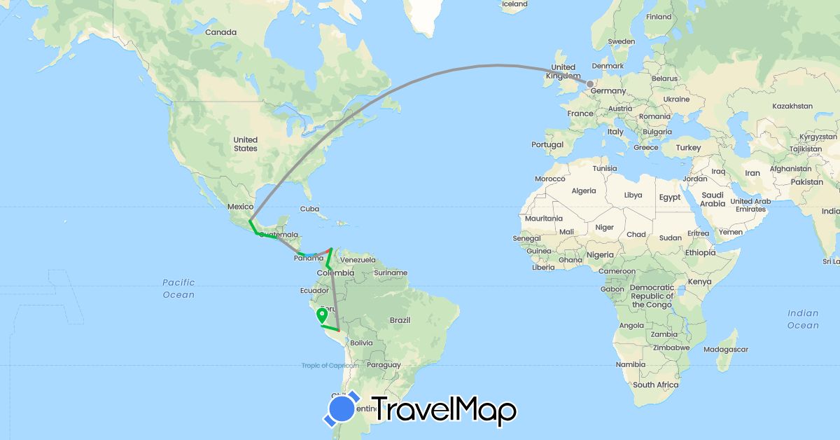 TravelMap itinerary: driving, bus, plane, hiking, boat in Colombia, Costa Rica, Guatemala, Mexico, Netherlands, Panama, Peru (Europe, North America, South America)